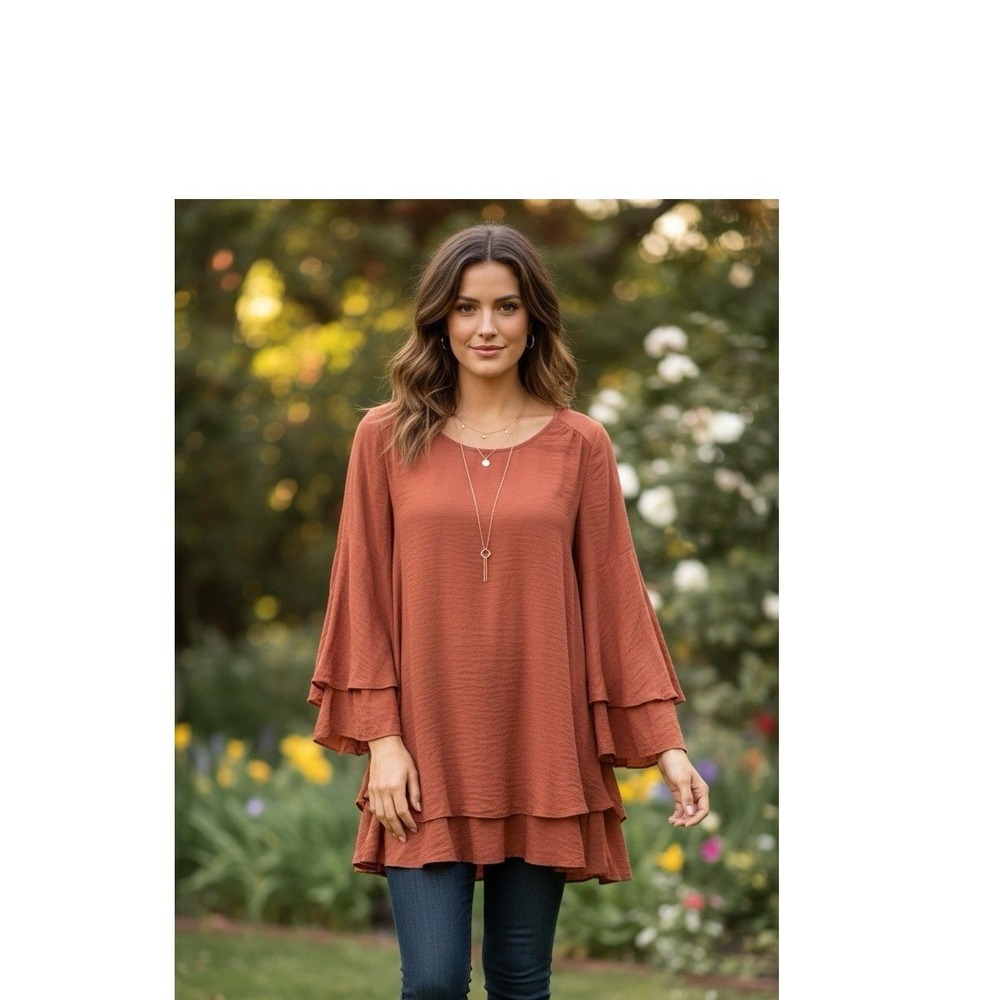 Bluivy Rust Orange Tiered Ruffle Bell Sleeve Tunic Top‎ L